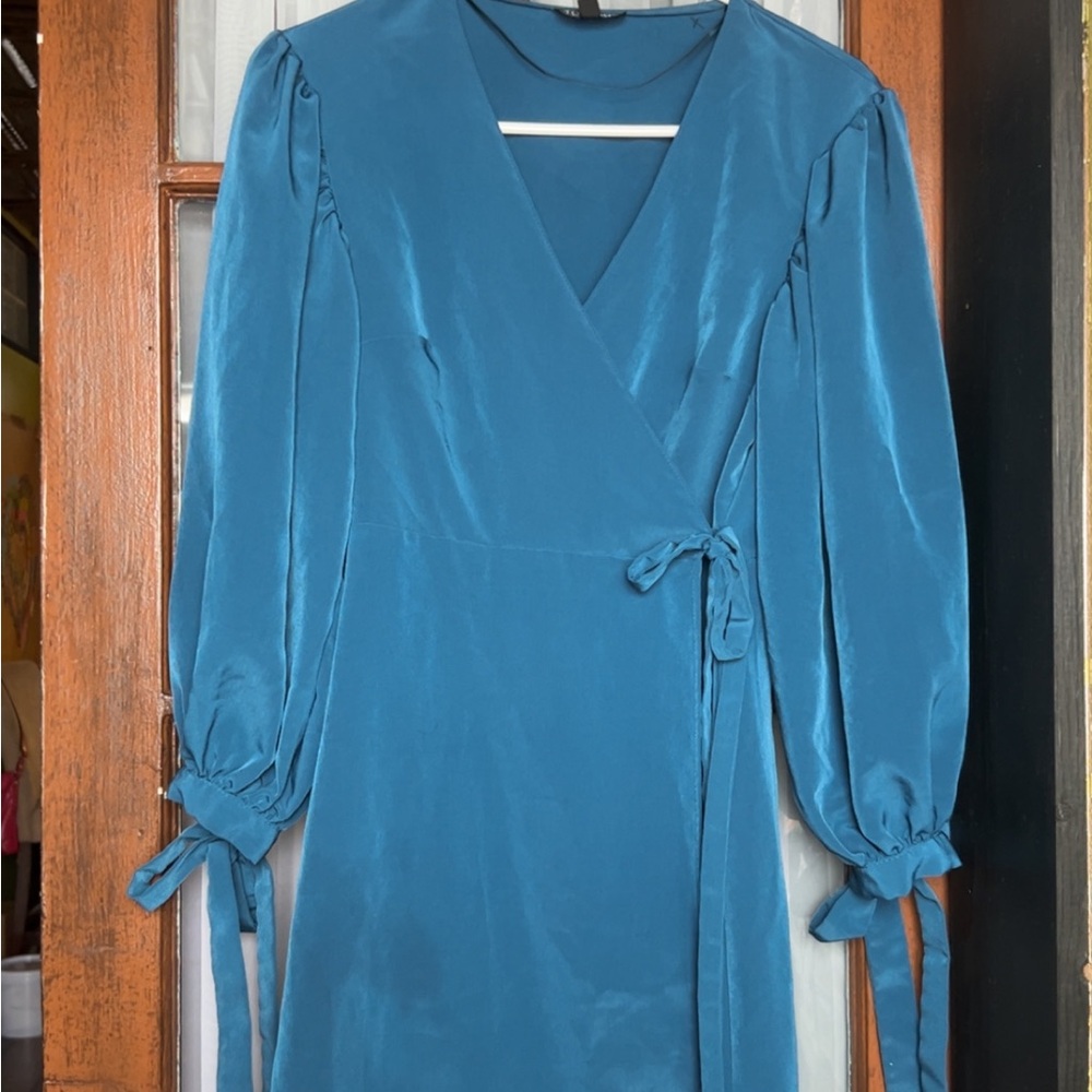 Topshop Teal Wrap Midi Dress with Long Puff Sleeves